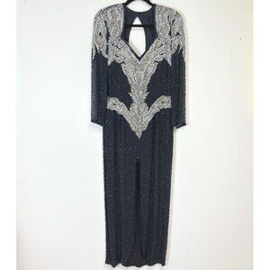 Lillie Rubin Women’s Midnight Blue Beaded V-Neck Evening Gown W/Sheer Sleeves
